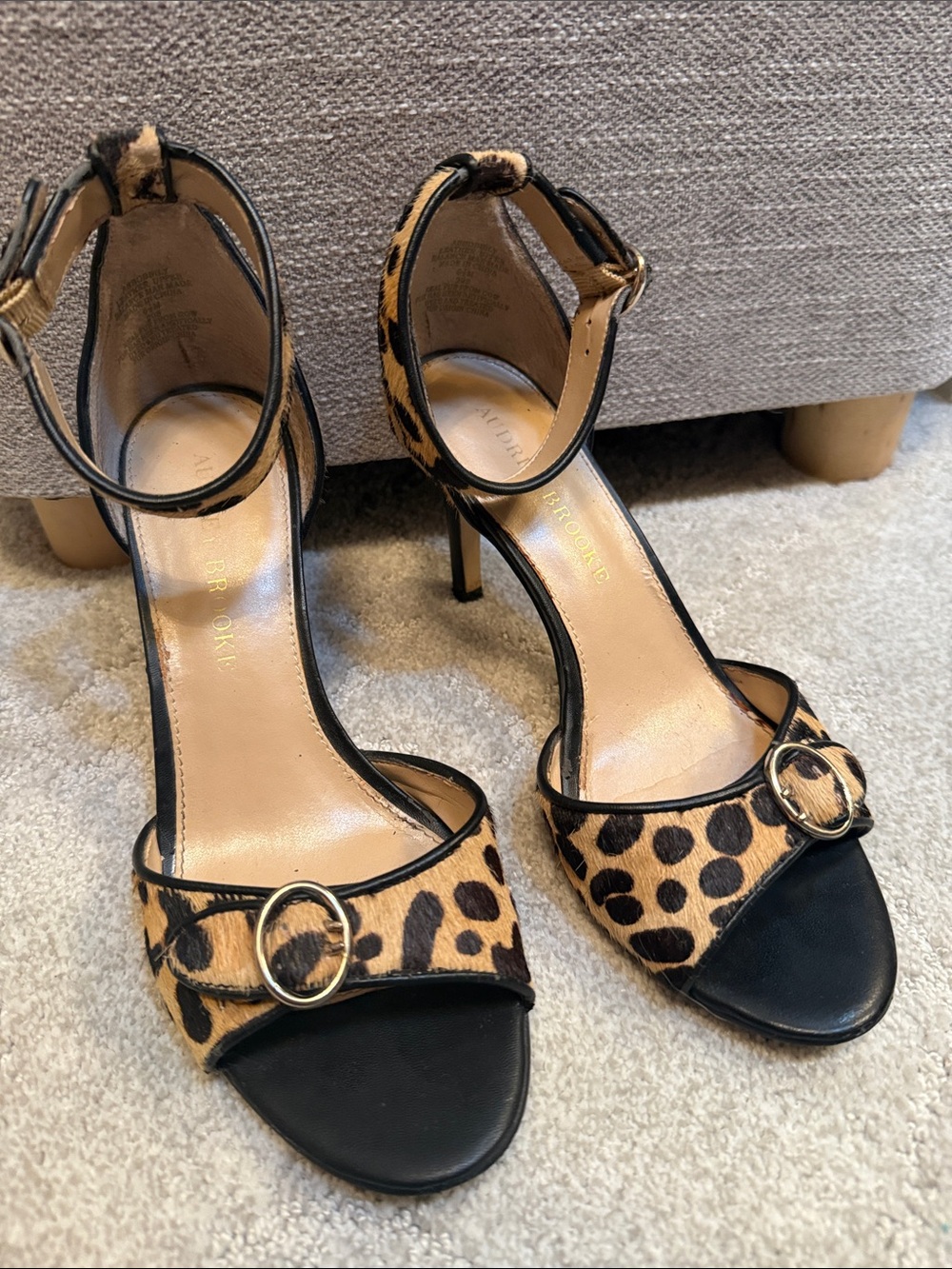 Audrey Brooke Leopard Print Ankle-Strap Heels with Gold Buckles